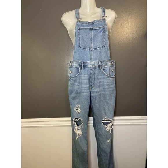 &Denim Overalls Womens 4 Light Wash Blue Denim Bib Adjustable Straps Distressed - Picture 2 of 11